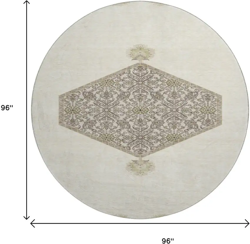 8' Ivory Beige And Gray Oriental Washable Round Rug With UV Protection Photo 9