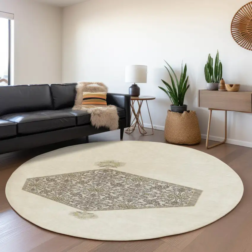8' Ivory Beige And Gray Oriental Washable Round Rug With UV Protection Photo 4