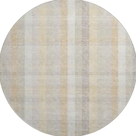 8' Ivory Beige And Gray Plaid Washable Round Rug With UV Protection Photo 2