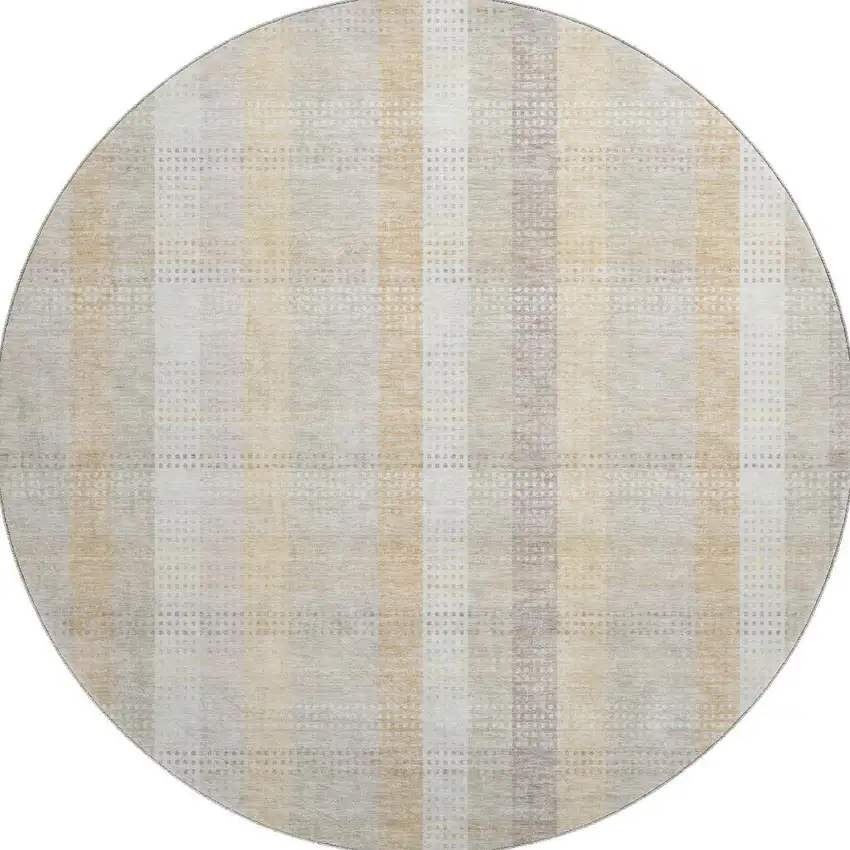 8' Ivory Beige And Gray Plaid Washable Round Rug With UV Protection Photo 2