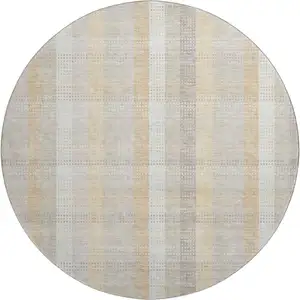 Photo of 8' Ivory Beige And Gray Plaid Washable Round Rug With UV Protection