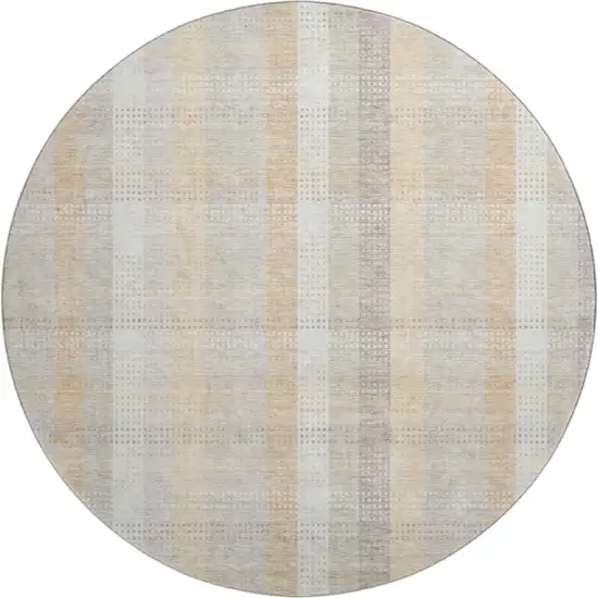8' Ivory Beige And Gray Plaid Washable Round Rug With UV Protection Photo 1