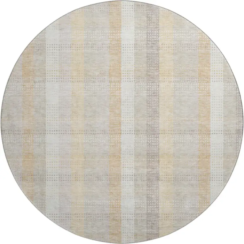 8' Ivory Beige And Gray Plaid Washable Round Rug With UV Protection Photo 1