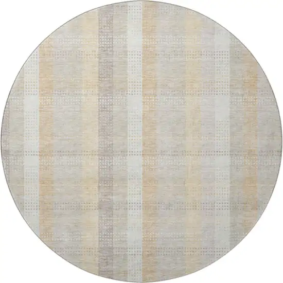 8' Ivory Beige And Gray Plaid Washable Round Rug With UV Protection Photo 3