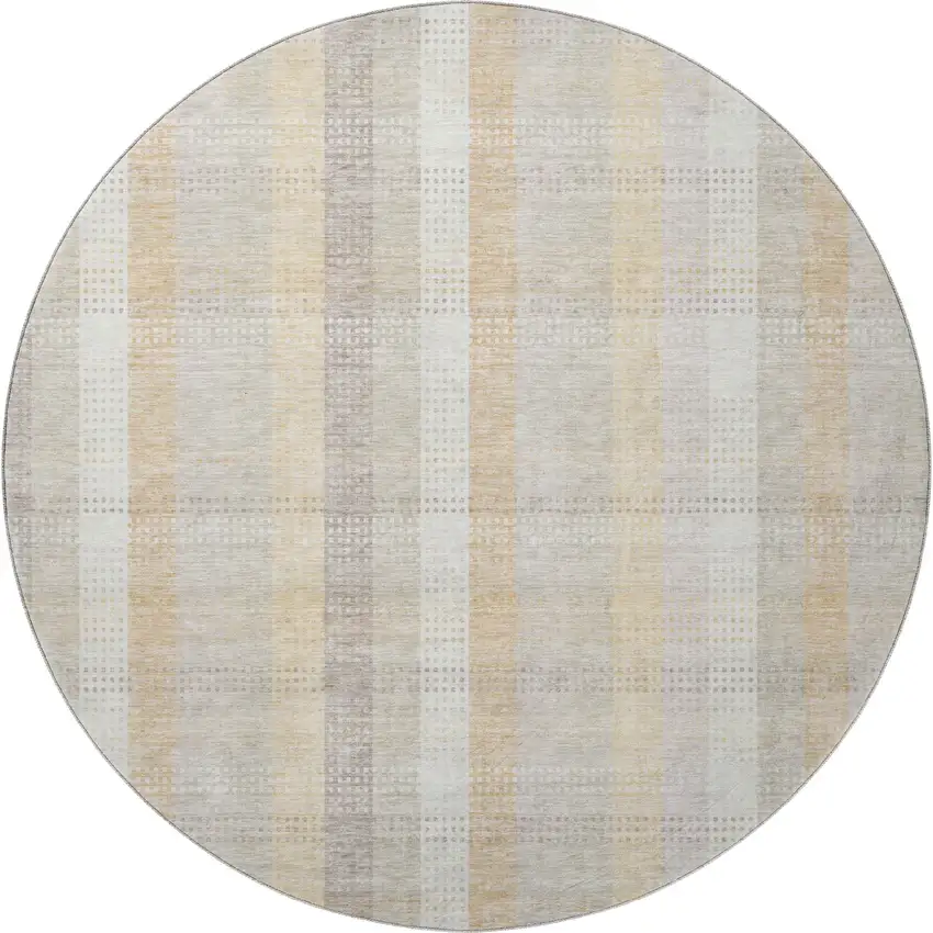 8' Ivory Beige And Gray Plaid Washable Round Rug With UV Protection Photo 3