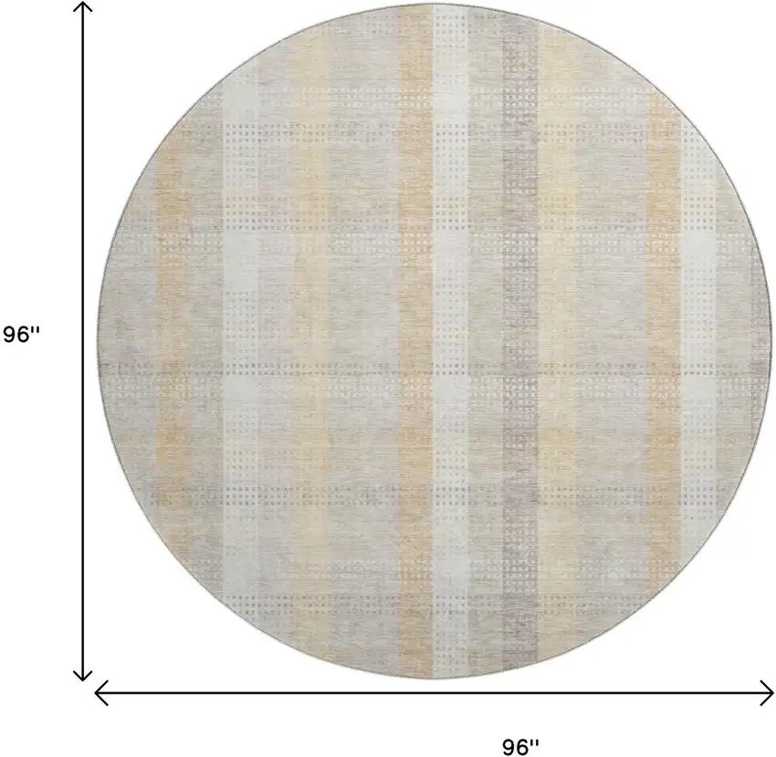8' Ivory Beige And Gray Plaid Washable Round Rug With UV Protection Photo 9