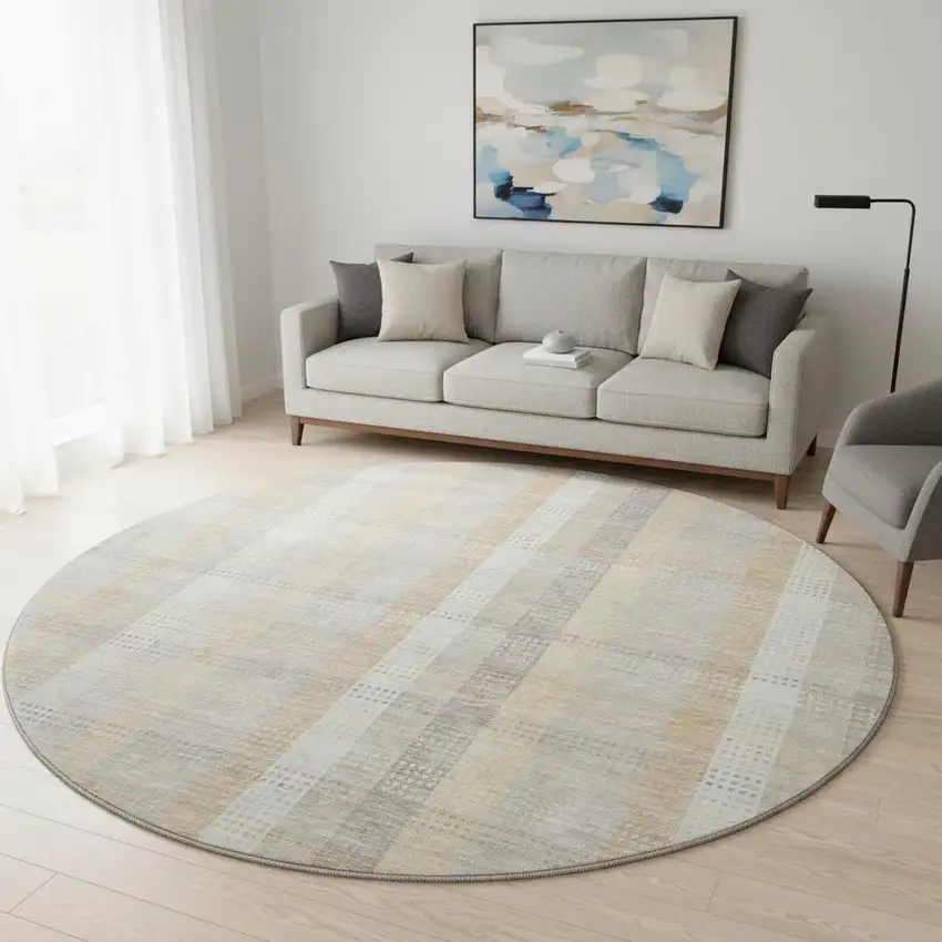 8' Ivory Beige And Gray Plaid Washable Round Rug With UV Protection Photo 2