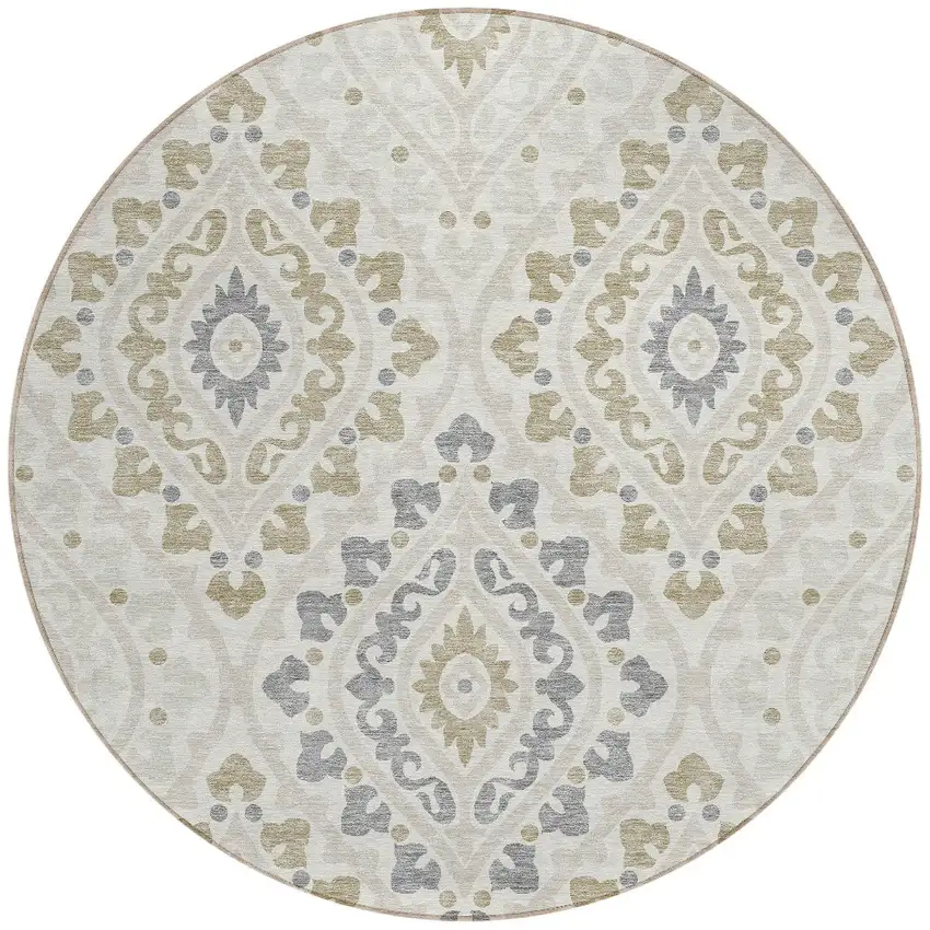 8' Ivory Beige And Gray Round Floral Washable Indoor Outdoor Area Rug Photo 8