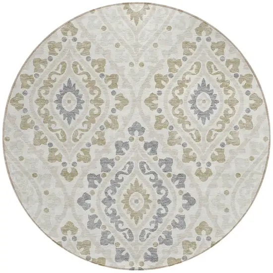 8' Ivory Beige And Gray Round Floral Washable Indoor Outdoor Area Rug Photo 8
