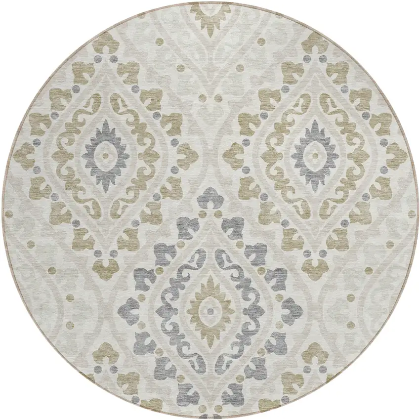 8' Ivory Beige And Gray Round Floral Washable Indoor Outdoor Area Rug Photo 1