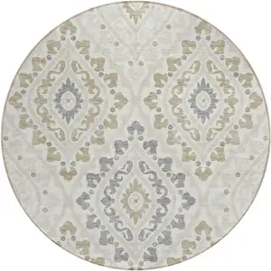 Photo of 8' Ivory Beige And Gray Round Floral Washable Indoor Outdoor Area Rug