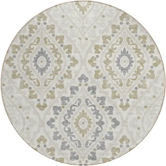8' Ivory Beige And Gray Round Floral Washable Indoor Outdoor Area Rug Photo 1