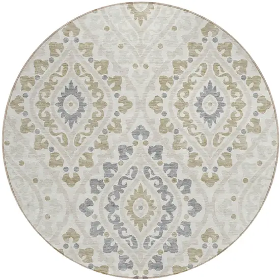 8' Ivory Beige And Gray Round Floral Washable Indoor Outdoor Area Rug Photo 1