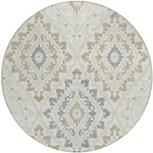Photo of 8' Ivory Beige And Gray Round Floral Washable Indoor Outdoor Area Rug