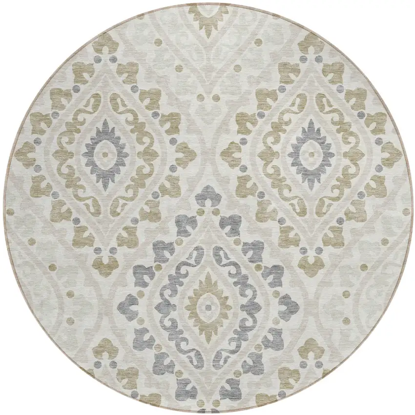 8' Ivory Beige And Gray Round Floral Washable Indoor Outdoor Area Rug Photo 1