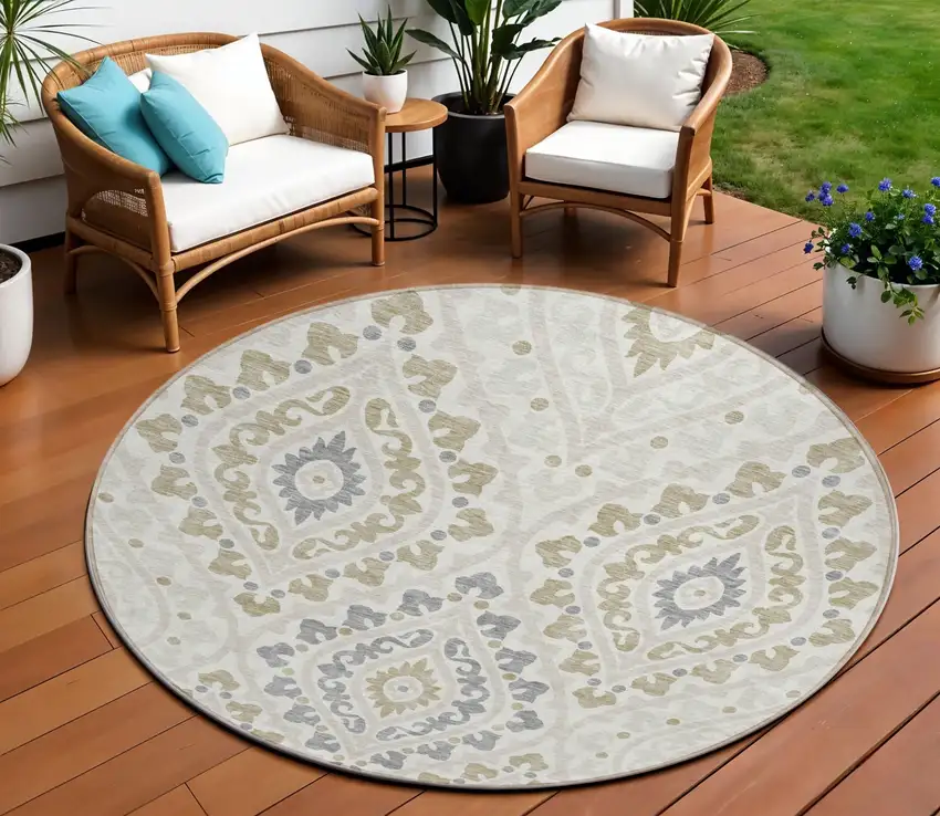 8' Ivory Beige And Gray Round Floral Washable Indoor Outdoor Area Rug Photo 1