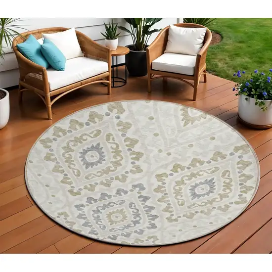 8' Ivory Beige And Gray Round Floral Washable Indoor Outdoor Area Rug Photo 1