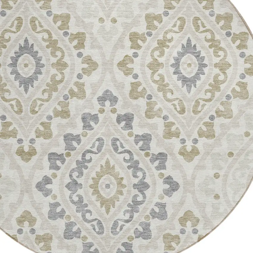 8' Ivory Beige And Gray Round Floral Washable Indoor Outdoor Area Rug Photo 7