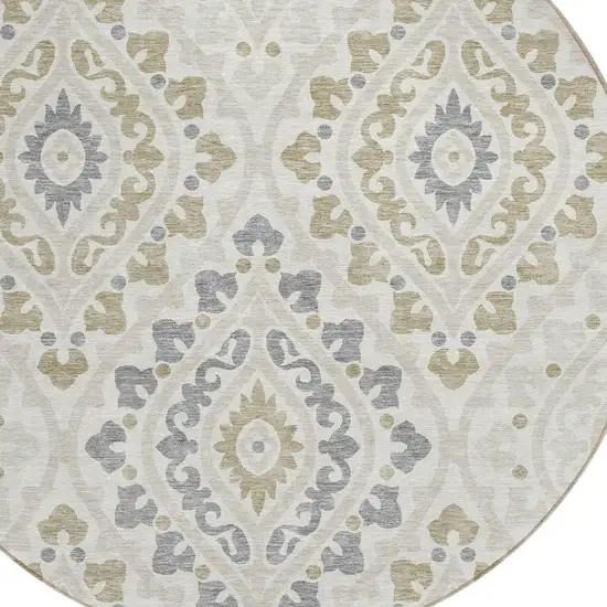 8' Ivory Beige And Gray Round Floral Washable Indoor Outdoor Area Rug Photo 7