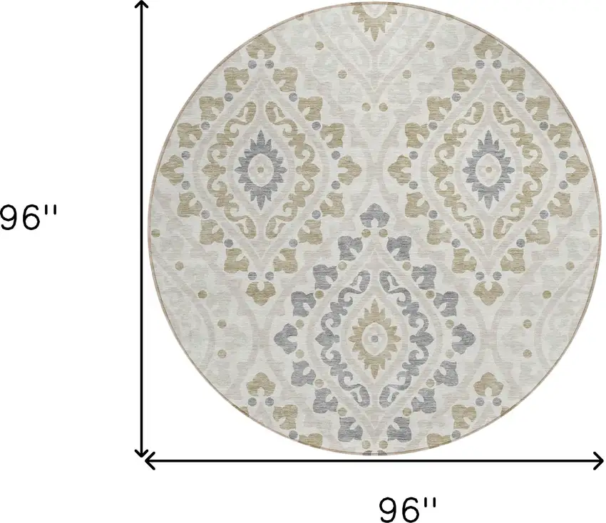 8' Ivory Beige And Gray Round Floral Washable Indoor Outdoor Area Rug Photo 9