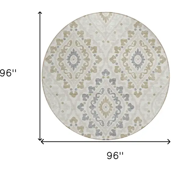 8' Ivory Beige And Gray Round Floral Washable Indoor Outdoor Area Rug Photo 9