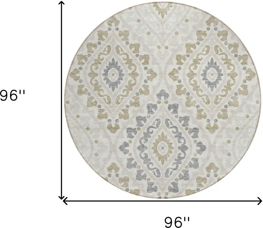 8' Ivory Beige And Gray Round Floral Washable Indoor Outdoor Area Rug Photo 9