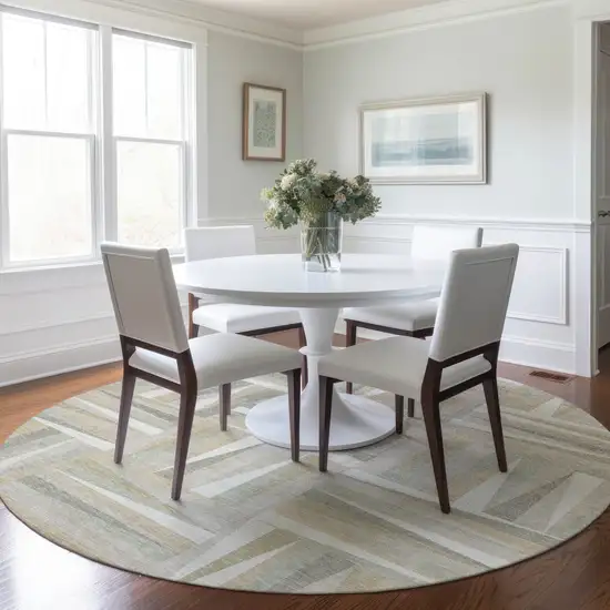 8' Ivory Beige And Gray Round Geometric Washable Indoor Outdoor Area Rug Photo 7