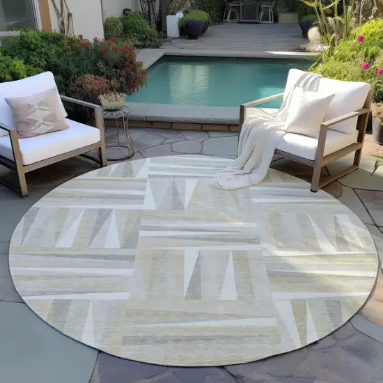 8' Ivory Beige And Gray Round Geometric Washable Indoor Outdoor Area Rug Photo 6