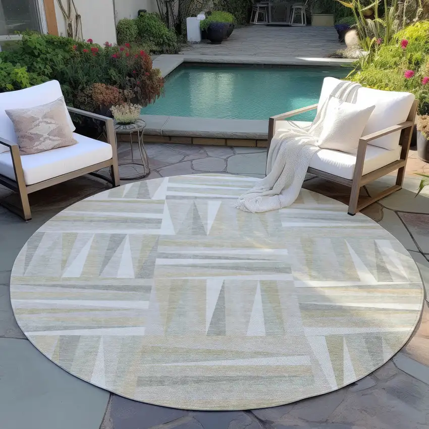 8' Ivory Beige And Gray Round Geometric Washable Indoor Outdoor Area Rug Photo 6