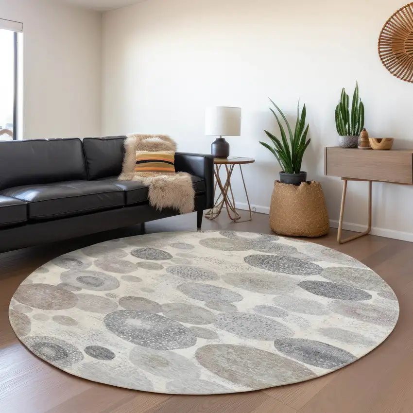 8' Ivory Beige And Gray Round Geometric Washable Indoor Outdoor Area Rug Photo 6