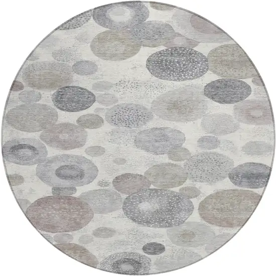 8' Ivory Beige And Gray Round Geometric Washable Indoor Outdoor Area Rug Photo 1