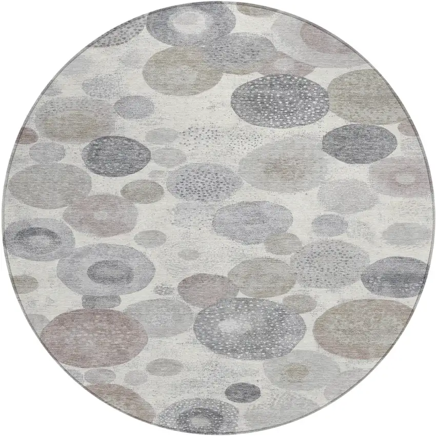 8' Ivory Beige And Gray Round Geometric Washable Indoor Outdoor Area Rug Photo 1