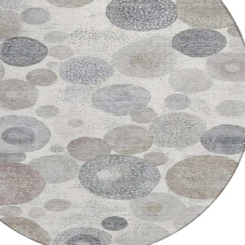 8' Ivory Beige And Gray Round Geometric Washable Indoor Outdoor Area Rug Photo 4
