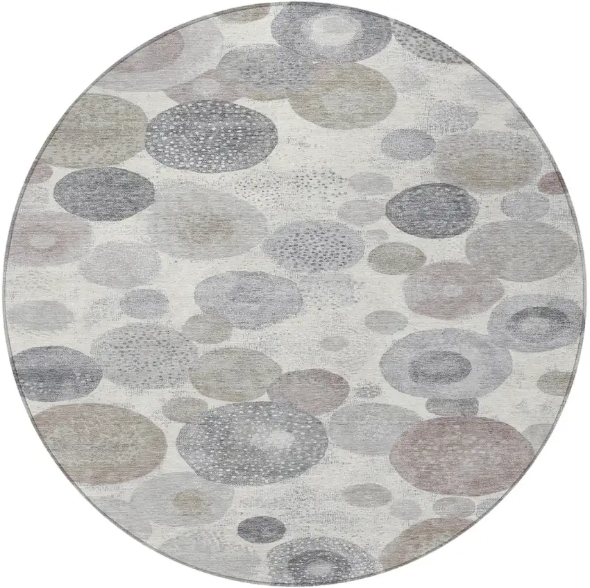 8' Ivory Beige And Gray Round Geometric Washable Indoor Outdoor Area Rug Photo 3
