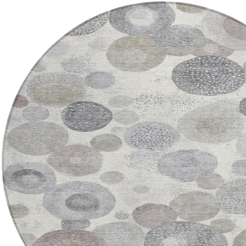 8' Ivory Beige And Gray Round Geometric Washable Indoor Outdoor Area Rug Photo 8
