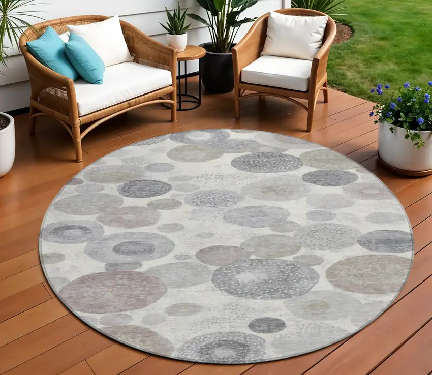 8' Ivory Beige And Gray Round Geometric Washable Indoor Outdoor Area Rug Photo 2