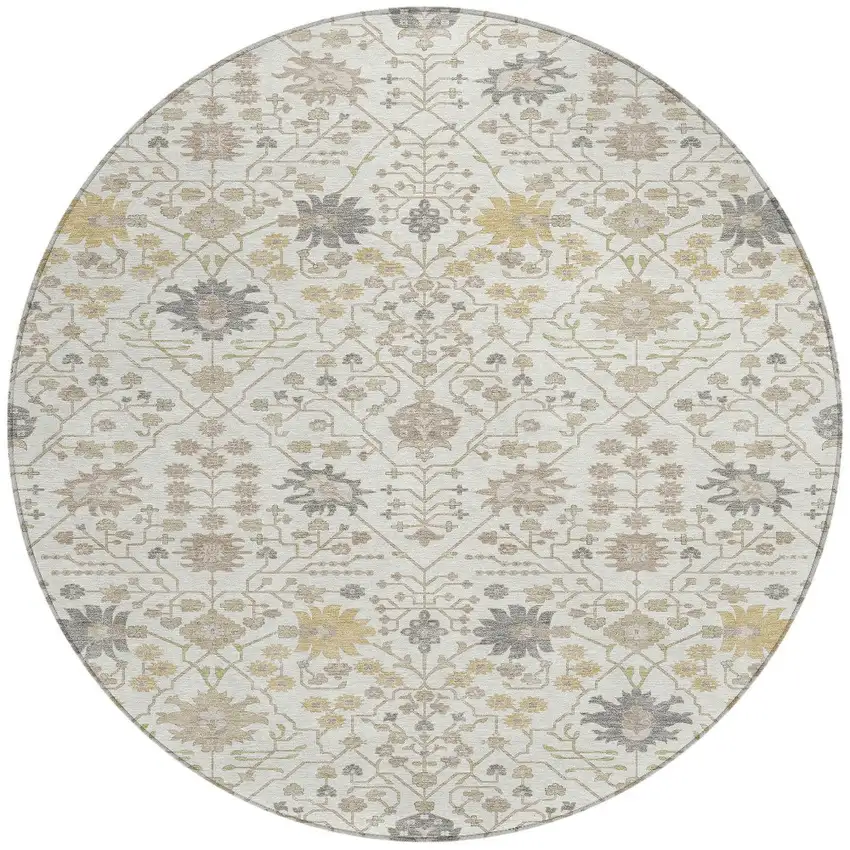 8' Ivory Beige And Gray Round Oriental Washable Indoor Outdoor Area Rug Photo 5