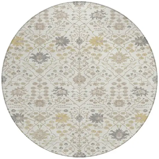 8' Ivory Beige And Gray Round Oriental Washable Indoor Outdoor Area Rug Photo 5