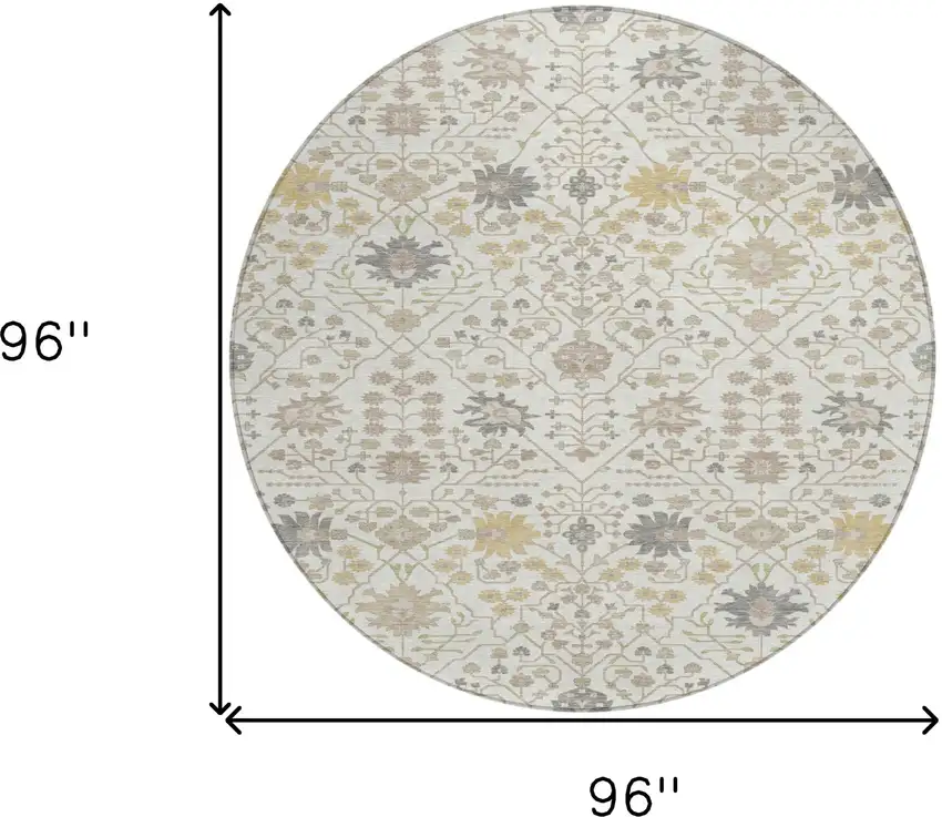 8' Ivory Beige And Gray Round Oriental Washable Indoor Outdoor Area Rug Photo 3