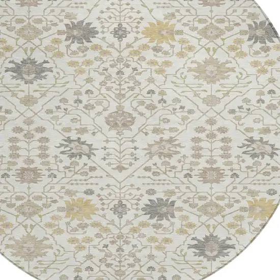8' Ivory Beige And Gray Round Oriental Washable Indoor Outdoor Area Rug Photo 4