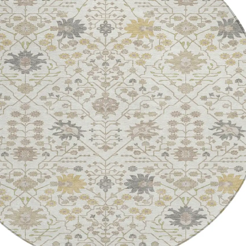 8' Ivory Beige And Gray Round Oriental Washable Indoor Outdoor Area Rug Photo 4
