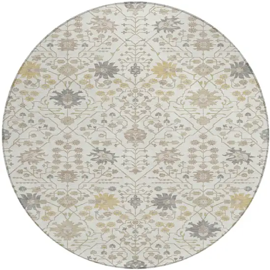 8' Ivory Beige And Gray Round Oriental Washable Indoor Outdoor Area Rug Photo 2