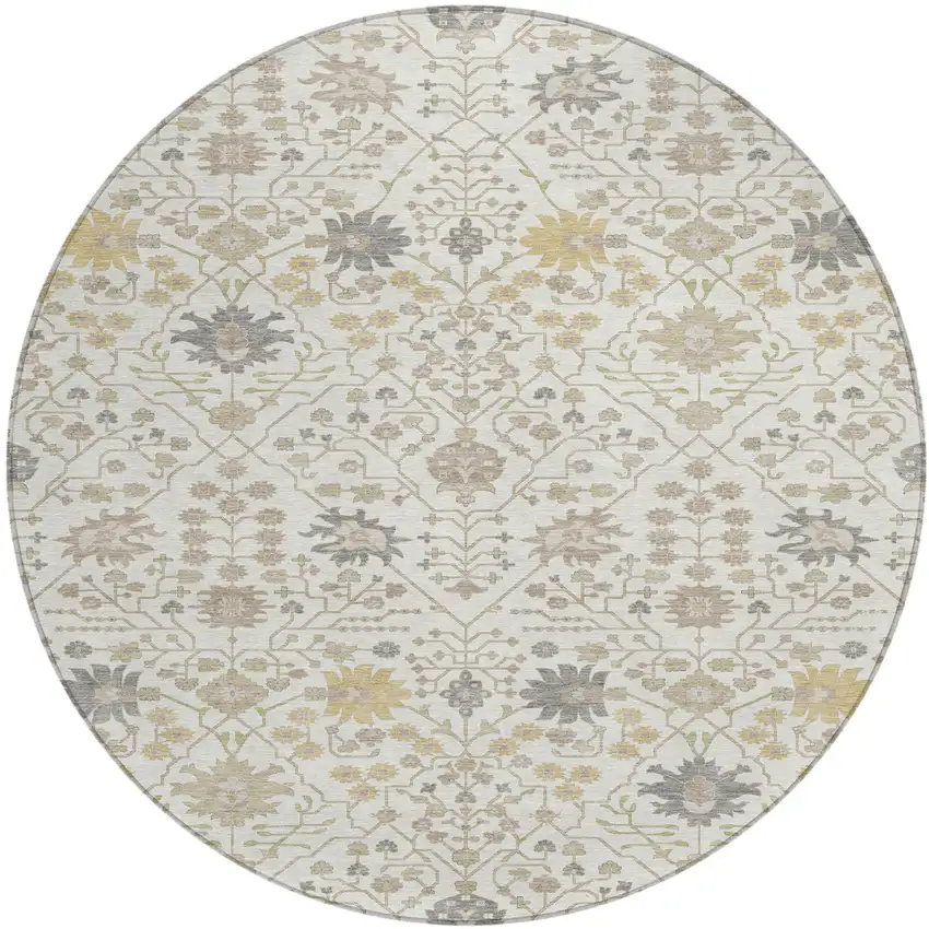 8' Ivory Beige And Gray Round Oriental Washable Indoor Outdoor Area Rug Photo 2
