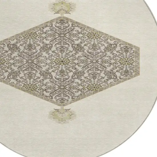 8' Ivory Beige And Gray Round Oriental Washable Indoor Outdoor Area Rug Photo 5