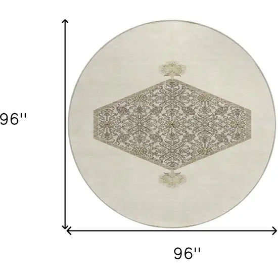 8' Ivory Beige And Gray Round Oriental Washable Indoor Outdoor Area Rug Photo 3