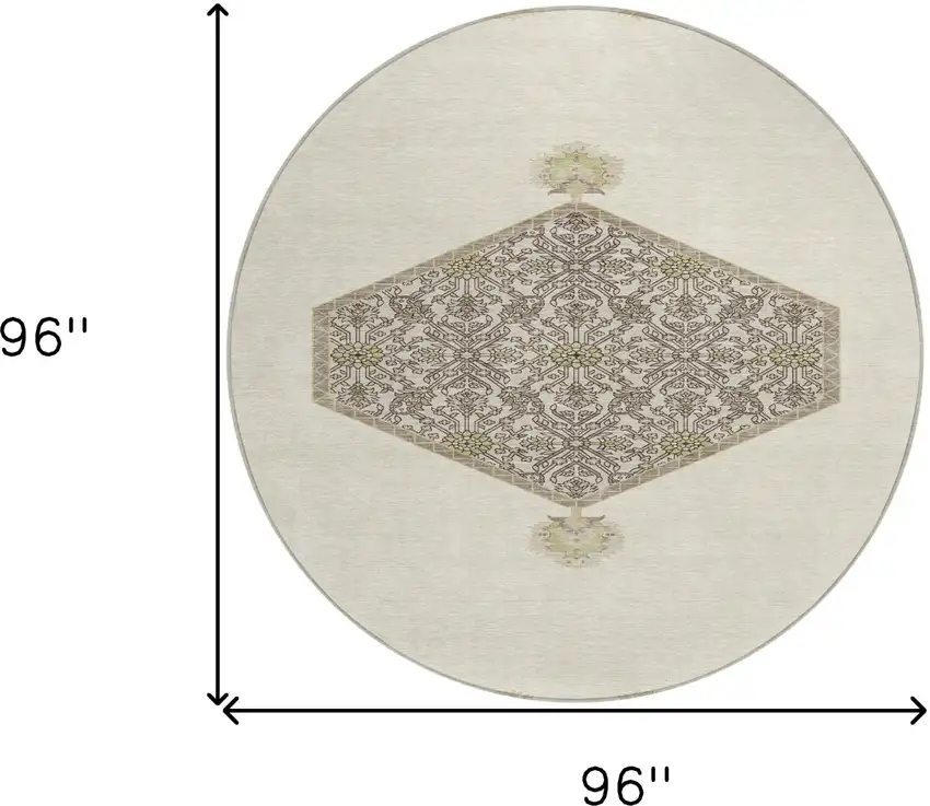 8' Ivory Beige And Gray Round Oriental Washable Indoor Outdoor Area Rug Photo 3