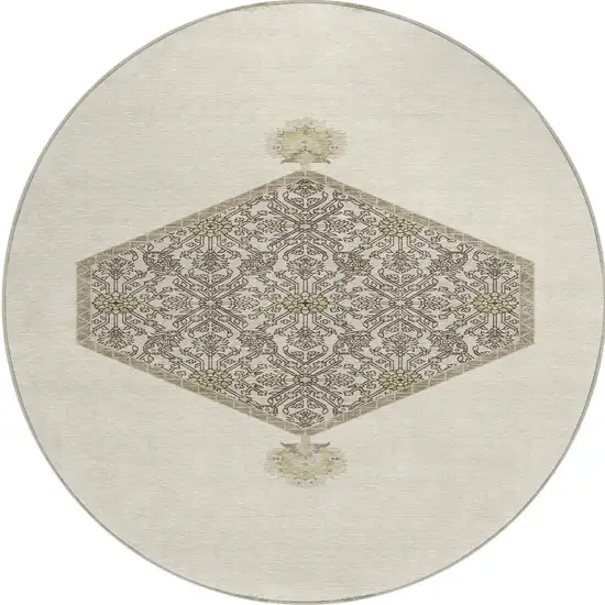8' Ivory Beige And Gray Round Oriental Washable Indoor Outdoor Area Rug Photo 6