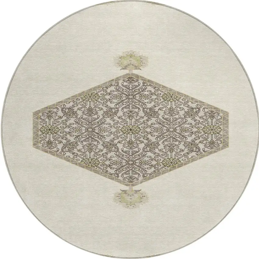 8' Ivory Beige And Gray Round Oriental Washable Indoor Outdoor Area Rug Photo 6