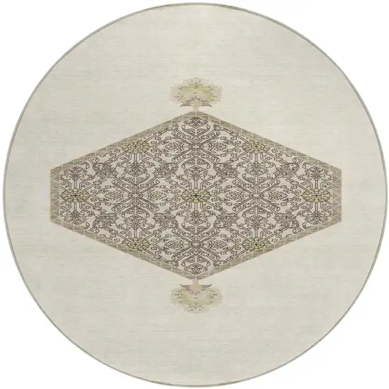 8' Ivory Beige And Gray Round Oriental Washable Indoor Outdoor Area Rug Photo 2