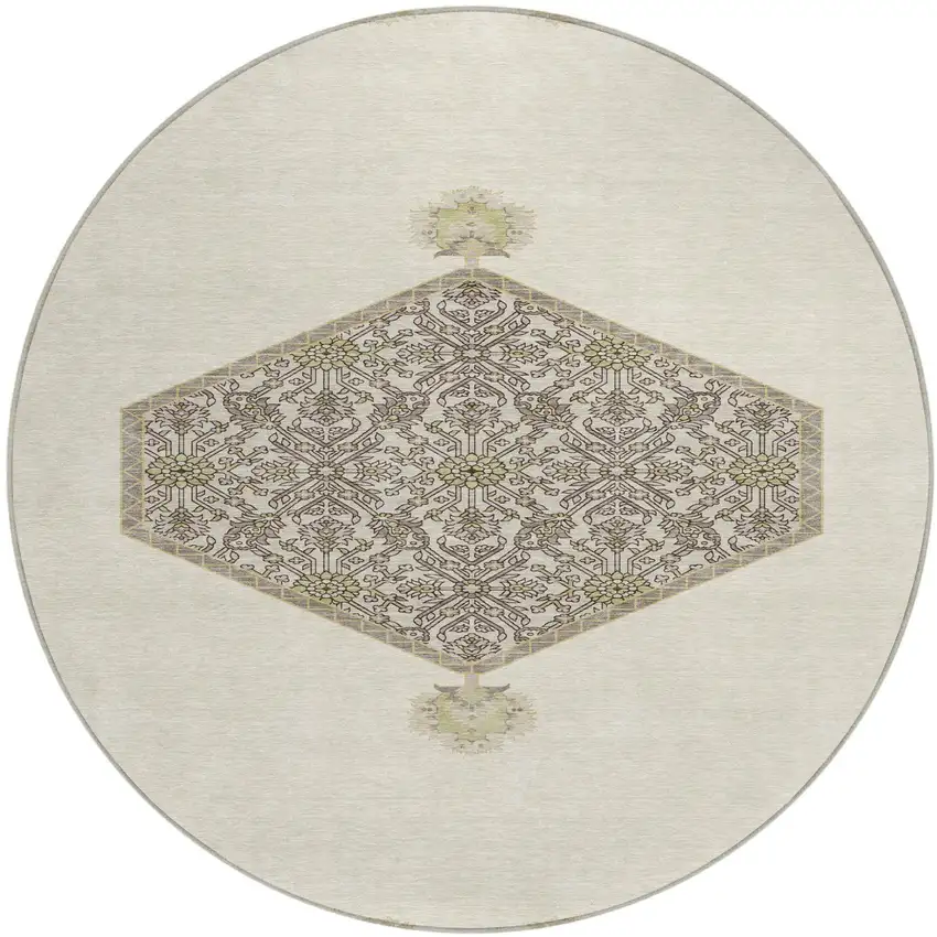 8' Ivory Beige And Gray Round Oriental Washable Indoor Outdoor Area Rug Photo 2